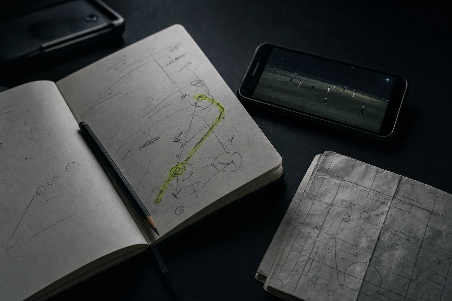Notebook, pencil, phone and training plan arranged as a football decision review