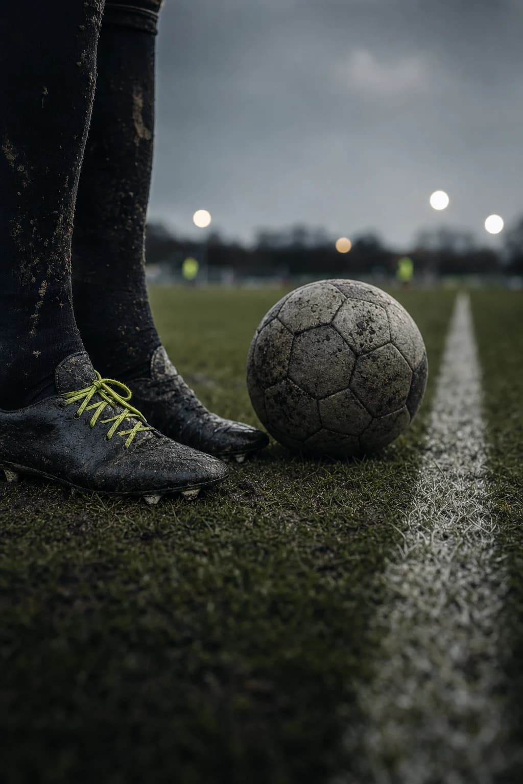 Football boots and a ball beside a crisp white touchline on damp grass